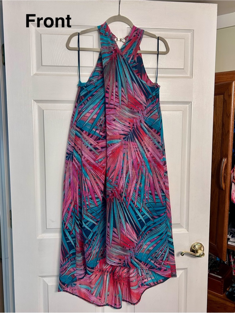 Jennifer Lopez Teal/Pink/Red Palm-Print Halter Dress